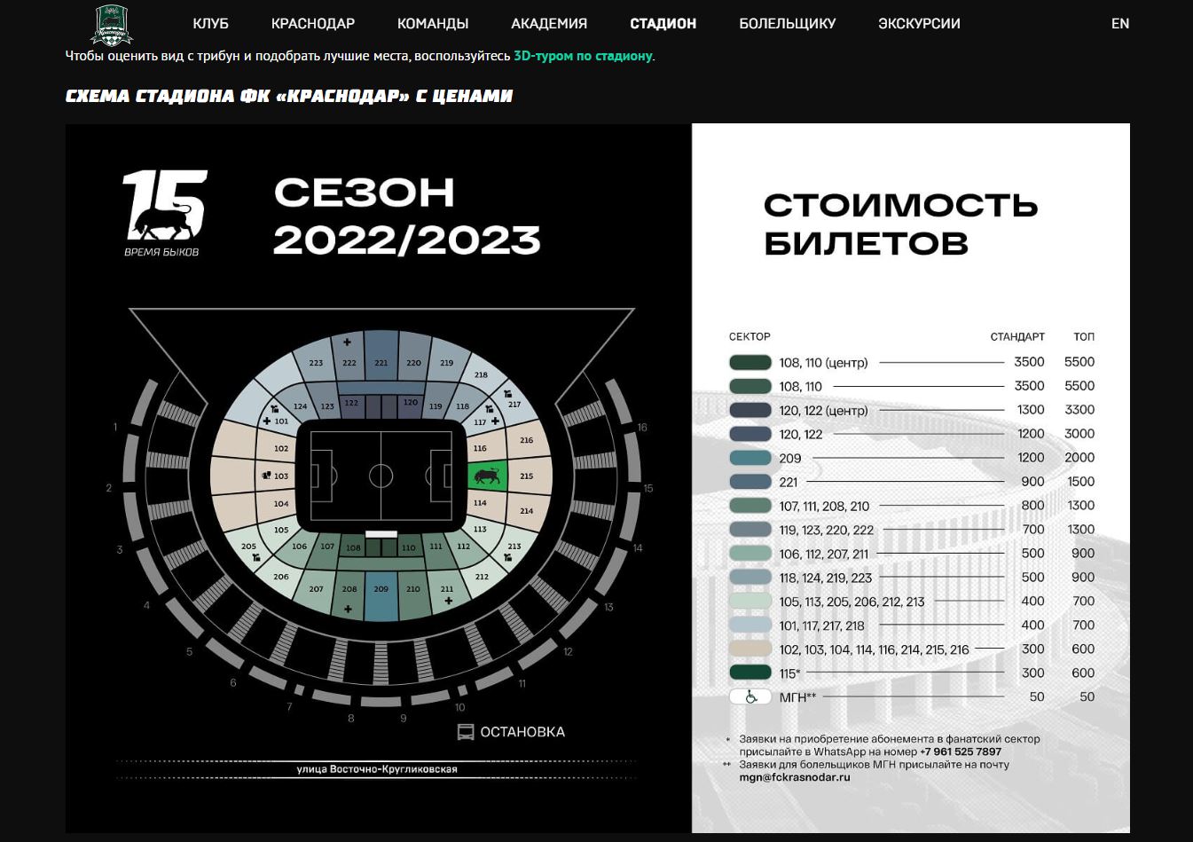 Схема мест на стадионе краснодар